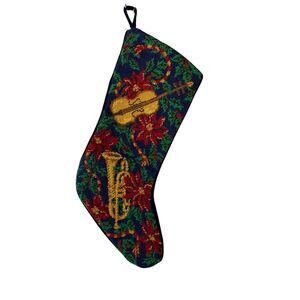 Christmas hanging stocking needlepoint musical instruments Violin Trumpet